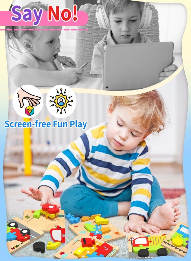 Oomloid Wooden Puzzles Toddler Toys for 1 2 3 Years Old Boys Girls, 6 Vehicle Shape Learning Educational Blocks Birthday Gifts Sensory Toy Montessori Toys Age 1-3, 2-4 - Image 3